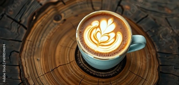 Fototapeta Intricate rosetta latte art in ceramic cup atop rustic wood,  food photography,  foam
