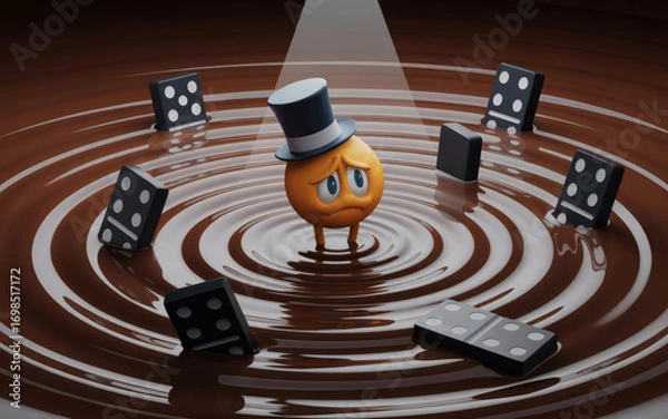 Fototapeta A cartoon rendering shows a sad emoji wearing a hat, standing in a circular chocolate liquid surrounded by dominoes. This illustration is part of a collection of similar images being submitted to Adob