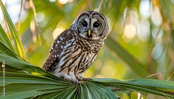 Obraz Owl perched on palm frond