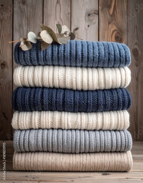Fototapeta Stack of cozy sweaters in muted winter colors, rustic wooden background