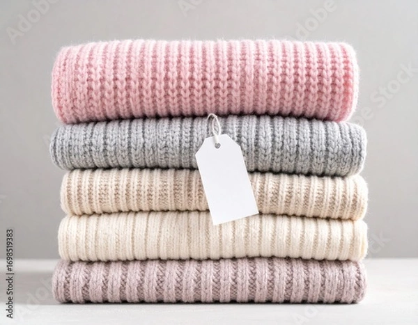 Fototapeta Stack of folded knitted sweaters in soft pastel colors with a blank paper tag, cozy minimal style