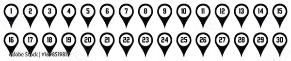 Fototapeta Location pin icons with number. Map marker symbol set with 1 to 30 numbers. vector illustration.