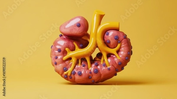 Fototapeta Stylized anatomical kidney model with ureter and adrenal gland on a bright yellow background for medical illustration use