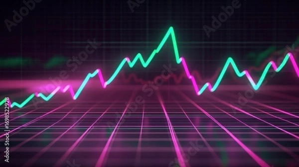 Fototapeta Abstract financial chart with upward trending line on a grid background in neon pink and green colors