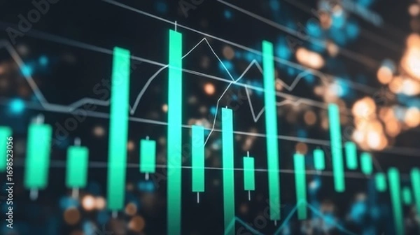 Fototapeta Financial chart showing stock market data with green bars and line graphs on a dark background