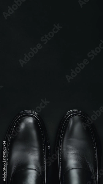 Fototapeta Elegant Black Leather Loafers Minimalist Studio Fashion Accessories Luxurious Setting Top-Down Perspective Sophisticated Style
