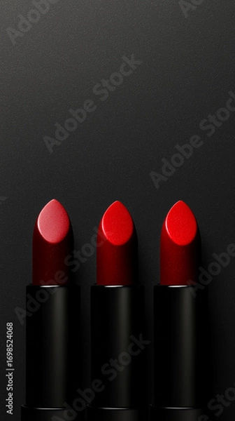 Fototapeta Three red lipsticks in black tubes stand in a row on a dark matte background, showcasing glossy tips and minimalist elegance.