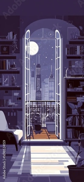 Fototapeta A tranquil indoor scene showcasing a cityscape view through a grand window.