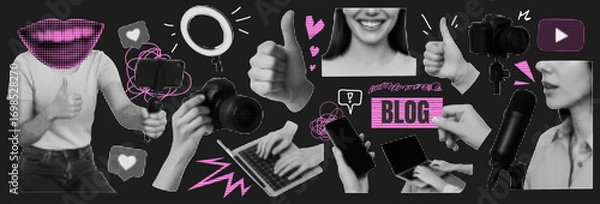 Fototapeta Vibrant Collage Kit for Blog and SMM with Social Media Elements. Features a Hand with Hand Lips and Smile for a Blogger with Camera. Includes Isolated Dadaism PopArt and Phone Mockups.