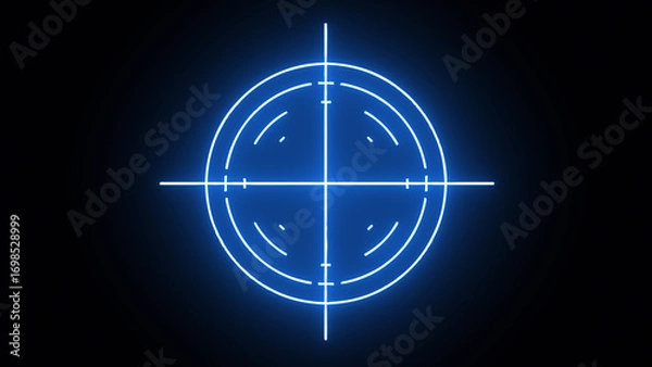 Obraz Digital radar screen with glowing blue neon circles and sweep, highlighting concept of detection, analysis, and technological monitoring, set against black background.