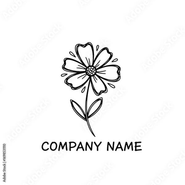 Fototapeta Simple Line Drawing of a Flower with Stem and Leaves.