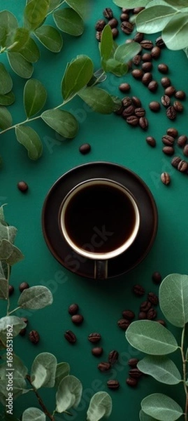 Fototapeta A rich, dark coffee cup sits amidst a vibrant arrangement of green leaves and coffee beans on a teal background, showcasing a serene and invigorating scene.