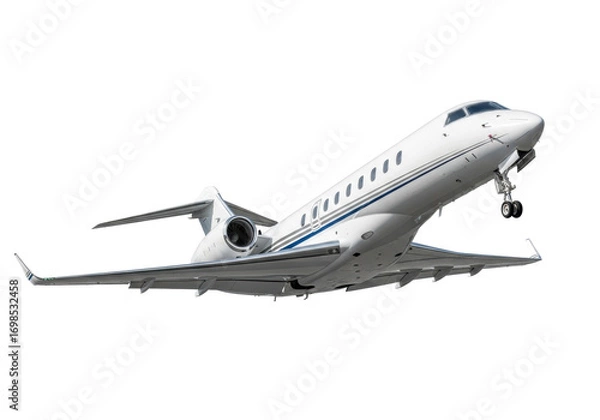 Fototapeta Sleek modern executive private jet, transparent with dark grey and blue stripes, twin engines, angled upwards on seamless bright white studio background, ample copy space, concept of luxury