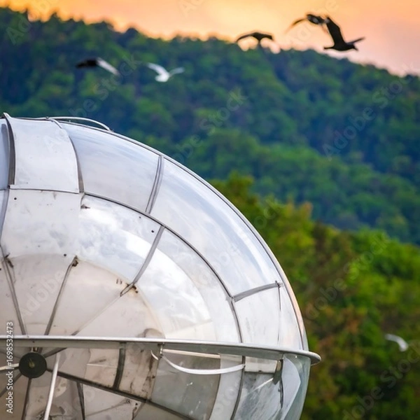 Obraz Reflective orb, sunset backdrop, birds in flight
