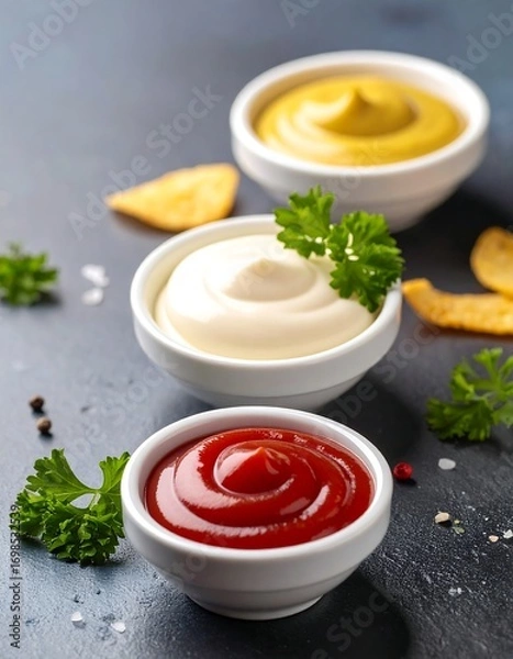 Obraz Sauces and chips on dark surface