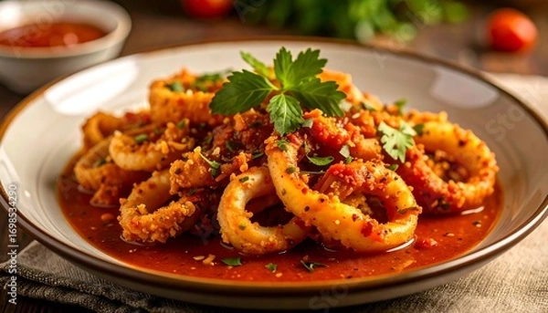 Obraz Sauteed squid in a vibrant tomato sauce