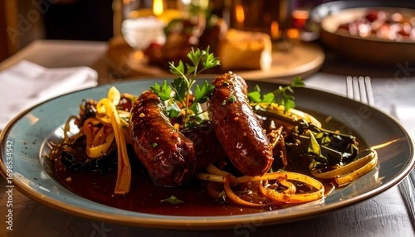 Obraz Sausages with greens on a plate