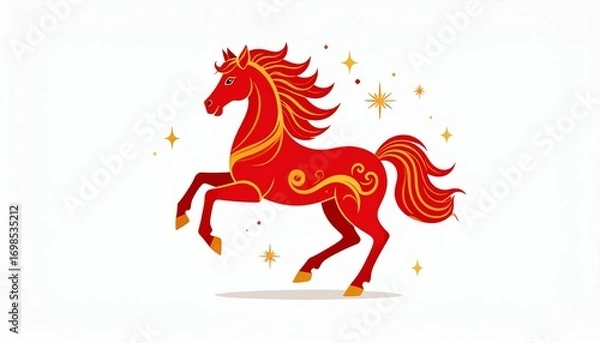 Fototapeta Flat vector illustration of the fire horse zodiac in red and gold, with simple Chinese New Year ornaments and clean background.