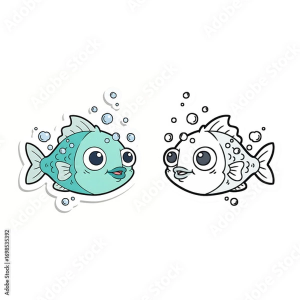 Obraz Cute Cartoon Fish Duo Sticker Design with Bubbles Colorful and Black & White Options