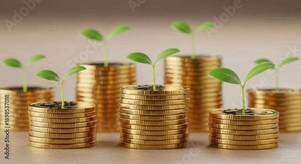Fototapeta Stacks of golden coins, each supporting a small green plant sprout, symbolize financial growth and prosperity.