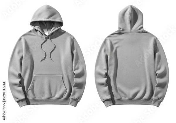 Fototapeta Light heather grey unisex hoodie with kangaroo pocket, drawstrings, soft fleece cotton blend, smooth drape, isolated on transparent background with negative space. Product photography concept