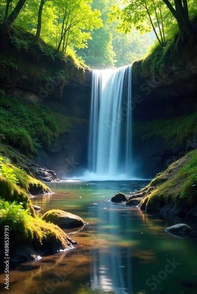 Fototapeta Serene waterfall cascading down moss-covered rocks into a tranquil creek below, surrounded by lush green foliage Sunlight dapples the water's surface creating shimmering reflections , gorge, lush