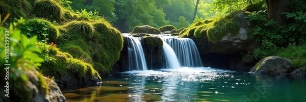 Fototapeta Serene Waterfall Cascading over Mossy Rocks in Lush Green Springtime Nature Scene