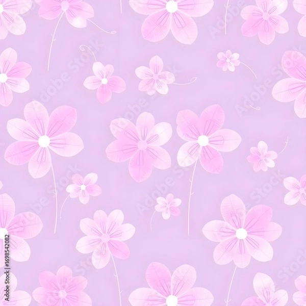 Fototapeta Delicate seamless pattern featuring stylized pink and white flowers on a soft pastel lavender background. A gentle and romantic floral repeat illustration