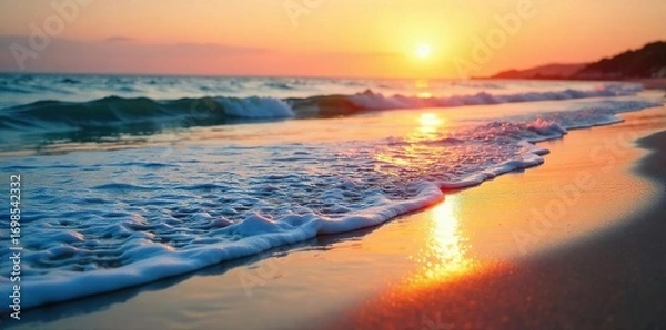 Fototapeta Serene, repetitive waves gently lapping a sandy shore at sunset, creating a peaceful and rhythmic pattern  The tranquil scene evokes calm and natural beauty ,  pattern,  sunrise,  repetitive