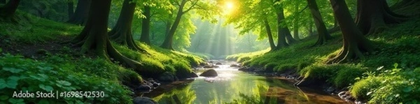Fototapeta Serene nature scene perfect for meditation; sun-dappled forest with gentle stream, lush green foliage, tranquil atmosphere, peaceful vibes , flora, trees, wilderness