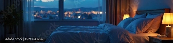Fototapeta Serene night scene featuring a softly lit bedroom with a comfortable bed, ready for a peaceful slumber Perfect for relaxation and sleep-related content , darkness, home, luxury