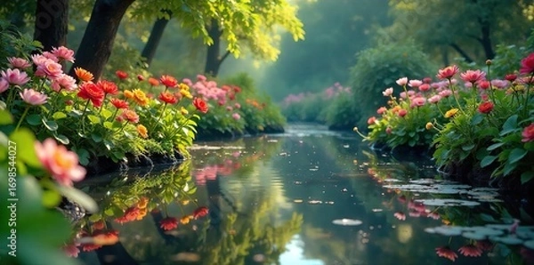 Fototapeta Serene scene of a vibrant flower pond, teeming with colorful blooms and lush green foliage reflecting in the tranquil water  Perfect for nature, garden, and serenity themes ,  garden,  flowers