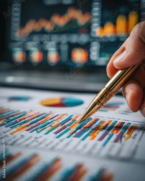 Fototapeta A person using a pen to point at charts and graphs representing business data, indicating analysis and strategic planning