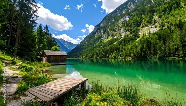 Obraz Scenic alpine lake with wooden dock