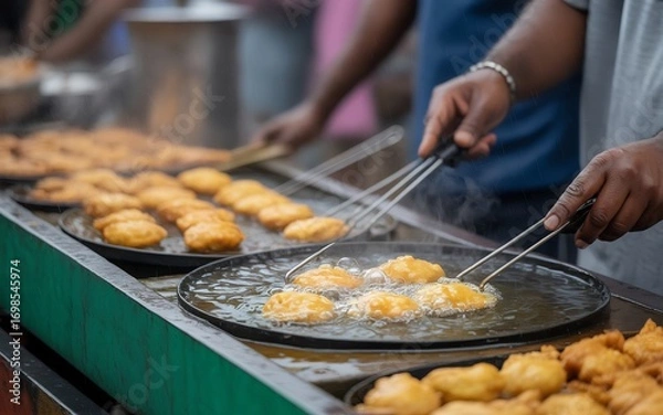 Fototapeta Closeup of fritters deepfrying in hot oil on a large flat griddle at a food stall