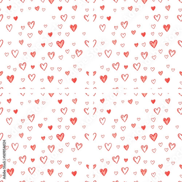 Obraz A charming seamless pattern of scattered red doodle hearts, hand-drawn in a sketchy style on a simple white background