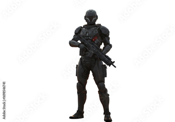 Fototapeta Futuristic soldier with weapon isolated on transparent background