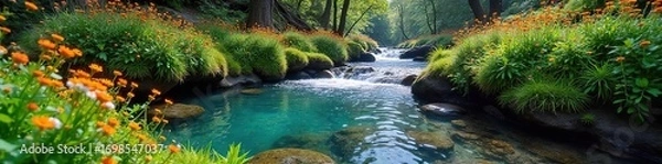 Fototapeta Crystal clear water flows from a mountain spring, surrounded by lush green moss and vibrant wildflowers in bloom The air is crisp and cool, a perfect escape to nature's tranquility , spring, pure