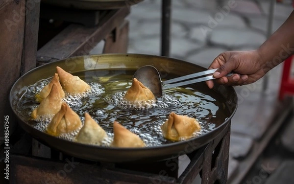 Fototapeta A persons hand uses a slotted spoon to turn golden brown samosas frying in a large metal wok