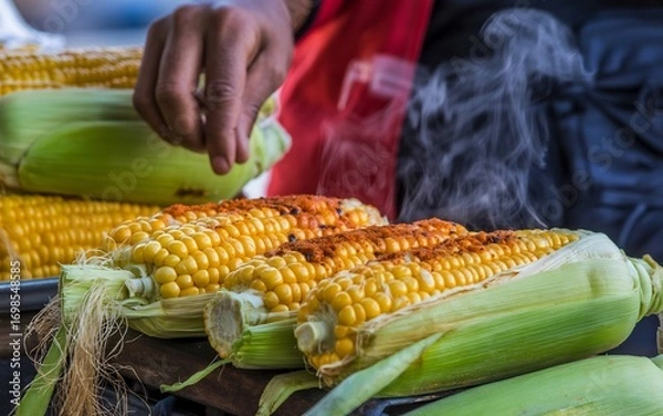 Fototapeta Closeup of grilled corn on the cob with spices and steam rising, being prepared by a vendor at a market stall