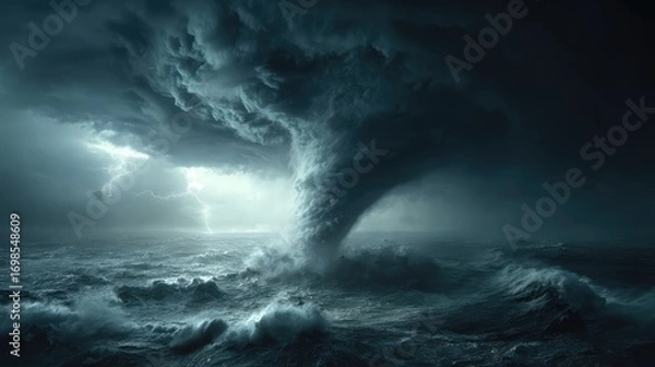Fototapeta Vast waterspout dominates a tumultuous, dark ocean as fierce lightning electrifies the menacing storm clouds above.