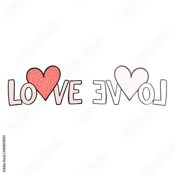 Fototapeta Creative freehand doodle of the word LOVE with a textured heart symbol and its mirror image reflection, perfect for romantic greeting cards and Valentine's Day designs
