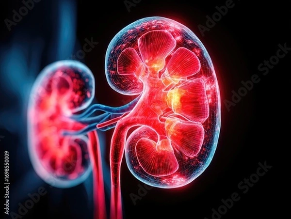 Fototapeta Advanced 3D medical visualization of glowing human kidneys, vividly depicting intricate red and blue internal structures on a dark background.