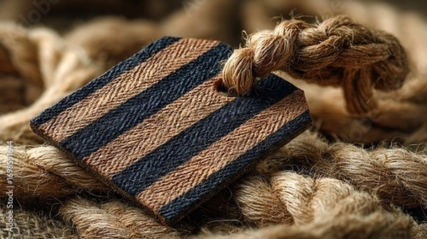 Fototapeta Wooden tag with nautical rope, striped pattern.