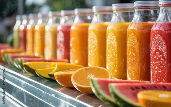 Fototapeta A colorful assortment of fresh fruit juices in glass bottles and slices of fruit on a counter