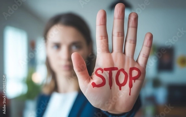 Fototapeta Woman holding up her hand with the word stop written in red, symbolizing protest or warning