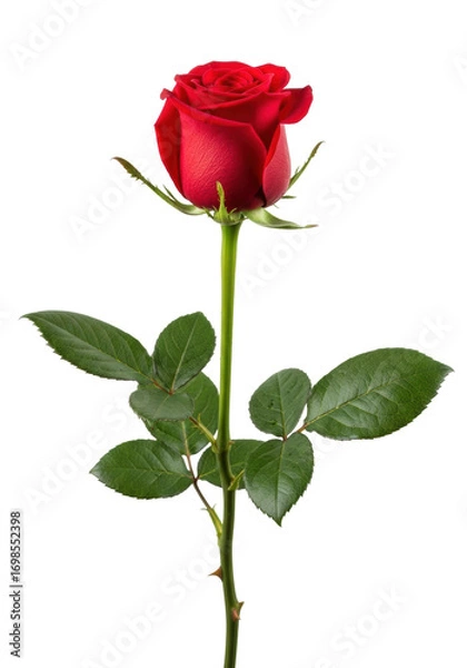 Fototapeta Pristine, vibrant deep red rose bud with lush dark green leaves and a thorny stem on a seamless transparent background with copy space, soft lighting, concept of love and timeless beauty