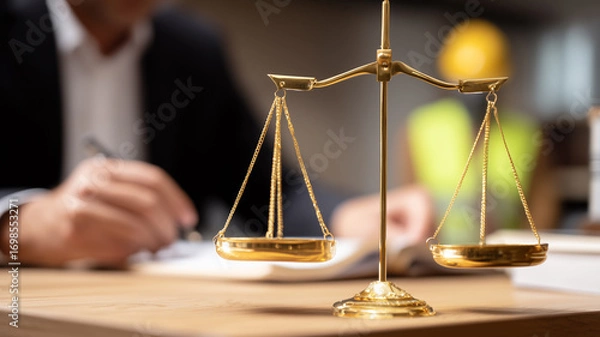 Fototapeta Scales of justice set on a professional desk, portraying law practice, ethical balance, and regulatory compliance guiding fair decisions.
