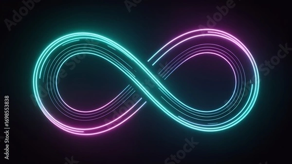 Fototapeta Infinity symbol made of neon light in turquoise and pink colors on a black background