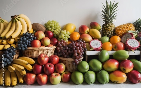 Fototapeta Abundant display of fresh fruits including bananas, apples, grapes, oranges, and pineapple